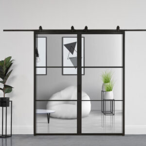 Dubbele stalen schuifdeur 3 vlakken (HELDER GLAS) + systeem
